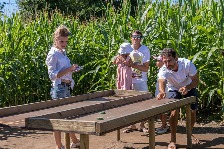 famille participant au jeu dans le maïs